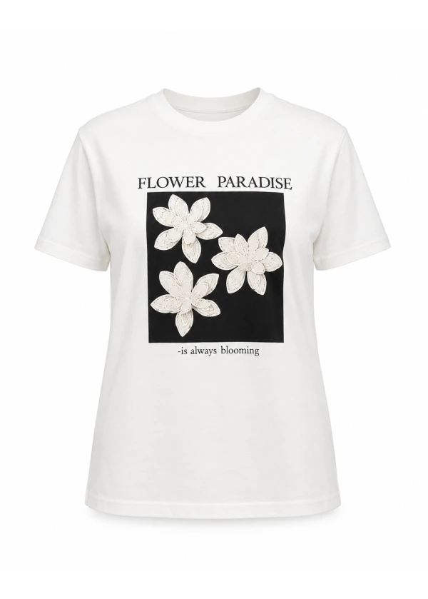 Baskı ve Nakış Detaylı T-shirt EKRU