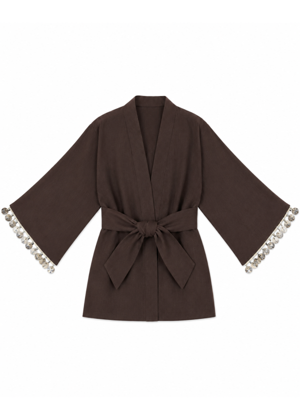 Kimono Tarzı Bağlamalı Keten Ceket KAHVE